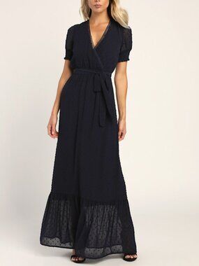Lulus Falling Into You Navy Blue Swiss Dot Tiered Maxi Dress - Size XS